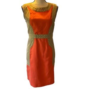 THML Women’s Orange & Tan A-Line Dress (M) Sleeveless Embroidered